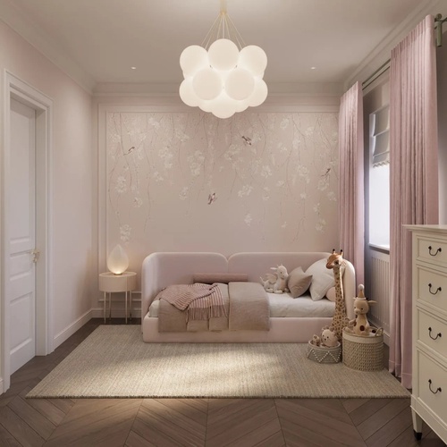 в детскую комнату, свисающие ветки, розы белые, птички, розовая, пудрового цвета