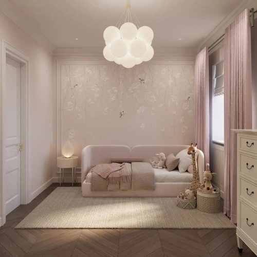 в детскую комнату, свисающие ветки, розы белые, птички, розовая, пудрового цвета