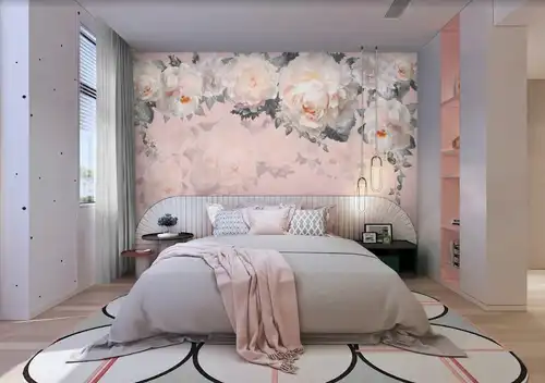 пионы, для девочки, флизелиновые, розовые, цветы, спальня, в спальню, над кроватью, белые, на часть стены, картинки, маленькая спальня