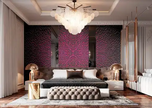 над кроватью, розовые, в спальню, картинки, яркие, эффектные, с узором, крутые, для спальни, стеклообои, современные, цвета фуксии, на часть стены