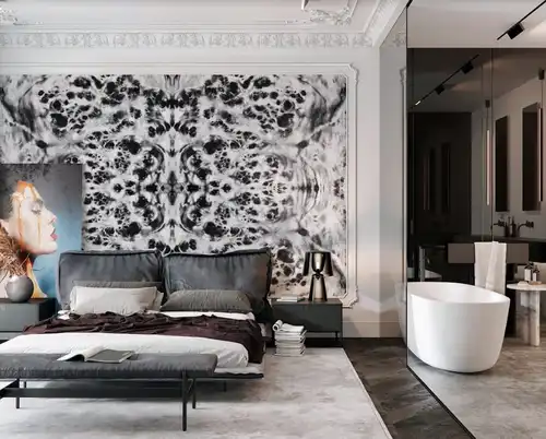 над кроватью, черно-белые, картинки, дизайн спальни, в спальню, на часть стены, графика