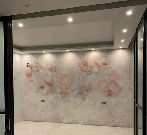 выполненные, перламутровые, наши работы, жемчужные, лучшего качества, во всю стену, белые цветы, широкие, серо-розовые, для стильной спальни