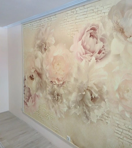 выполненные, цветы персиковые, длинные, самые красивые, крупные, одним полотном, со своими изображениями, наши работы, во всю стену, сочетание, бежево-розовые