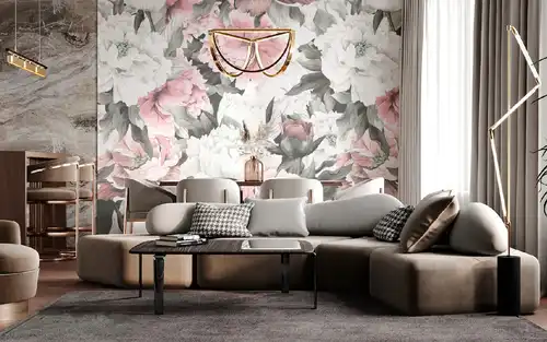 в гостиную, бело-розовые цветы, за диван, крупные цветы, во всю стену