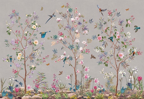 шинуазри, сад, на сером фоне, с яркими птицами, с цветами, с деревьями