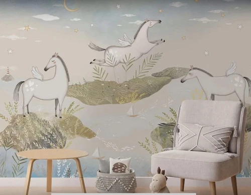 в детскую комнату, лошадки, на бежевом, на голубом, детские