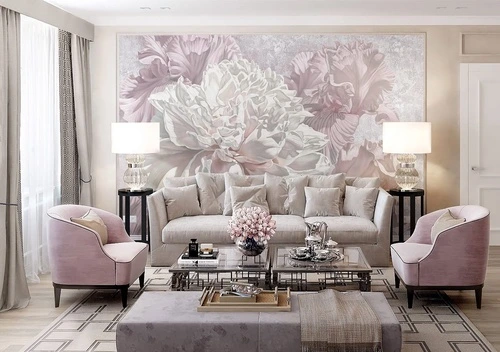 цветы, пионы, ирисы, сиреневые, розовые, цветы крупные, цветы во всю стену, пионы белые, в гостиную, над диваном, новинки