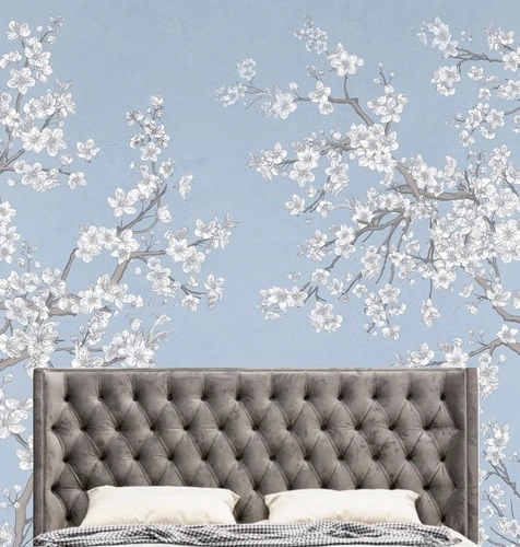 цветы, яблоня, ветки, белая яблоня, на голубом фоне, над кроватью, в спальню