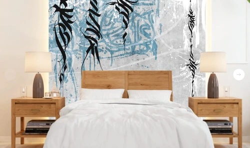 абстракция, абстрактные, абстракция на стену, серо-голубая, с черным, иероглифы