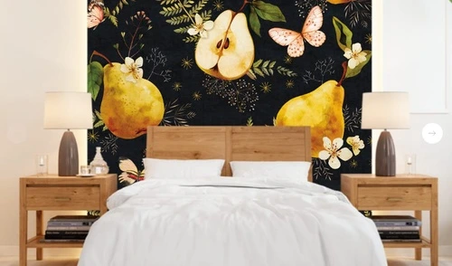 цветы, с фруктами, груши, желтая, черные, на черном фоне, зеленая