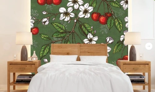 цветы, обои ягоды, обои с ягодами, обои с ягодами на стену, флизелиновые зеленые обои с ягодами, зеленая, вишня