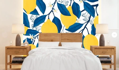 цветы, с фруктами, с листьями, лимоны, желтая, синий, на белом фоне