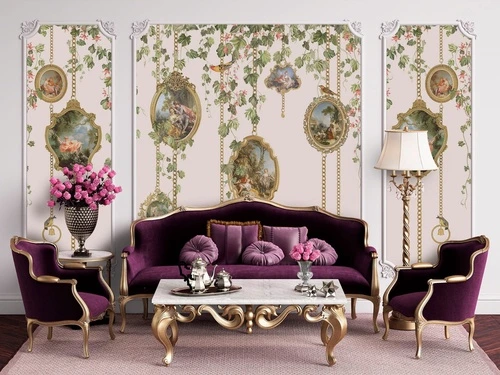 живопись, картины, медальоны, ветки, листья, лианы, зеленая, розовая, кремовая