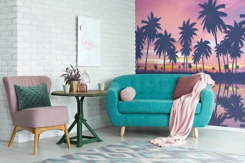 пейзаж, пальмы, закат, море, сиреневая, темно синяя